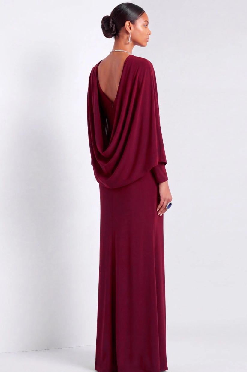 Burgundy V Neck Long Sleeve Cape Maxi Dress