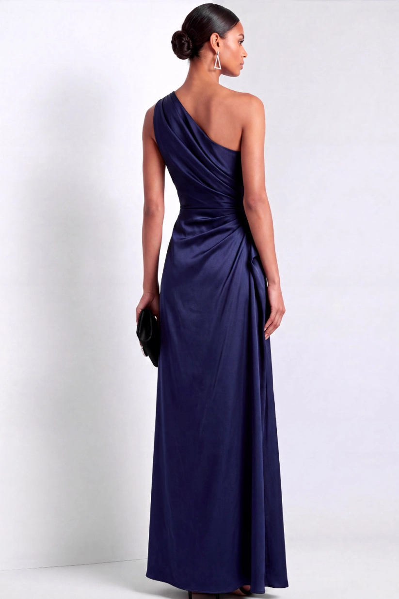 Navy One Shoulder Ruched Satin Maxi Dress