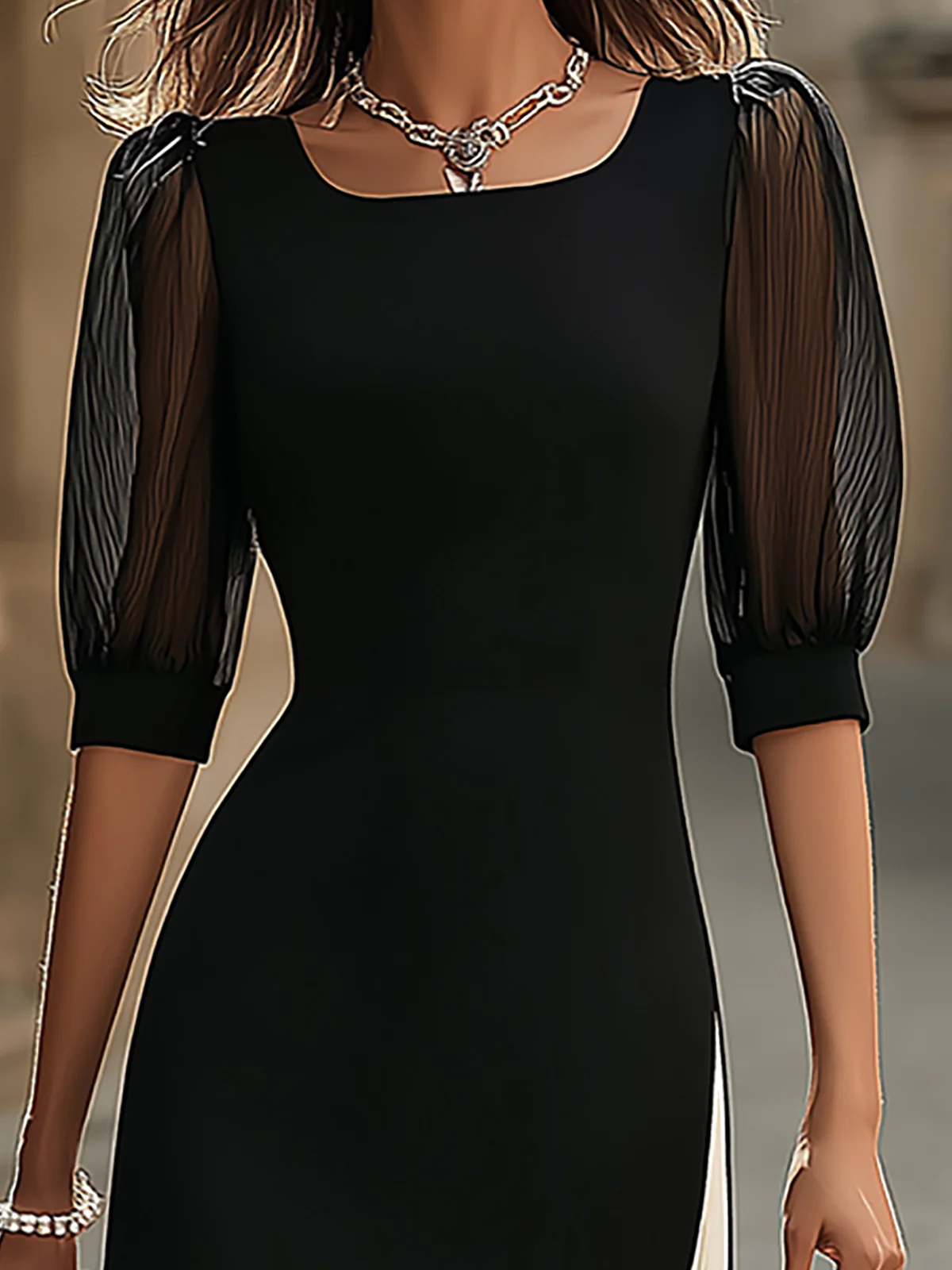 Elegant Black White Contrast Puff Sleeve Midi Dress