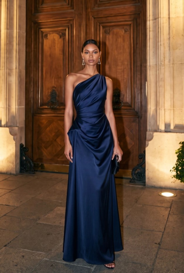 Navy One Shoulder Ruched Satin Maxi Dress