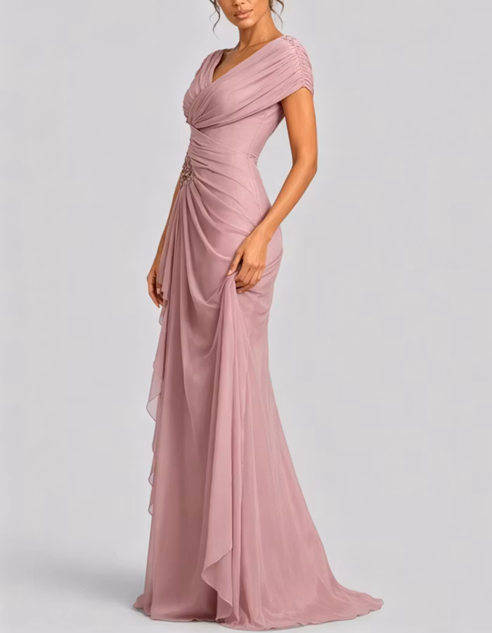 Pink Pleated V-neck Chiffon Maxi Dress