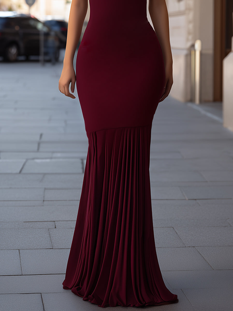 Off-Shoulder Pleated Hem Bodycon Maxi Dress