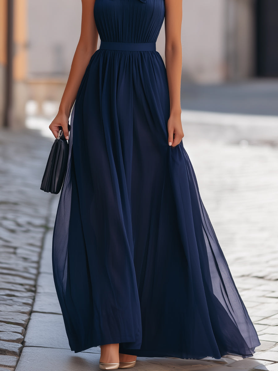 Off-Shoulder Bow Pleated Flowing Maxi Dress
