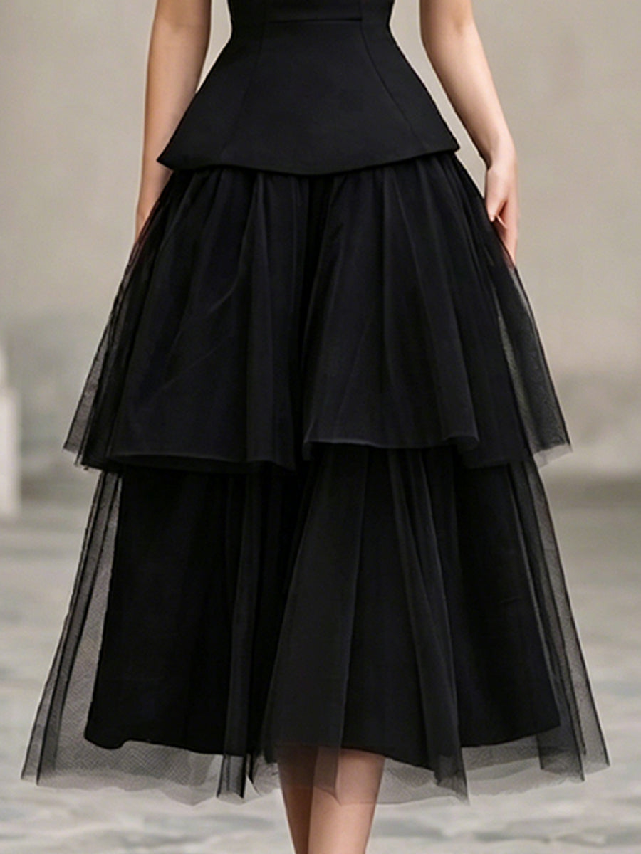 Halter Neck Structured Tiered Tulle Midi Dress