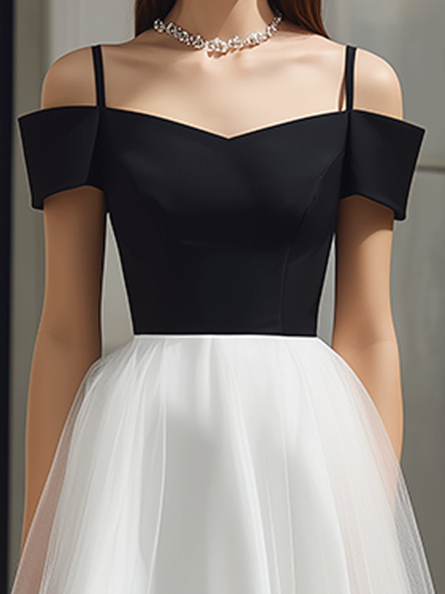 Off-Shoulder Strap Detail Tulle A-Line Midi Dress