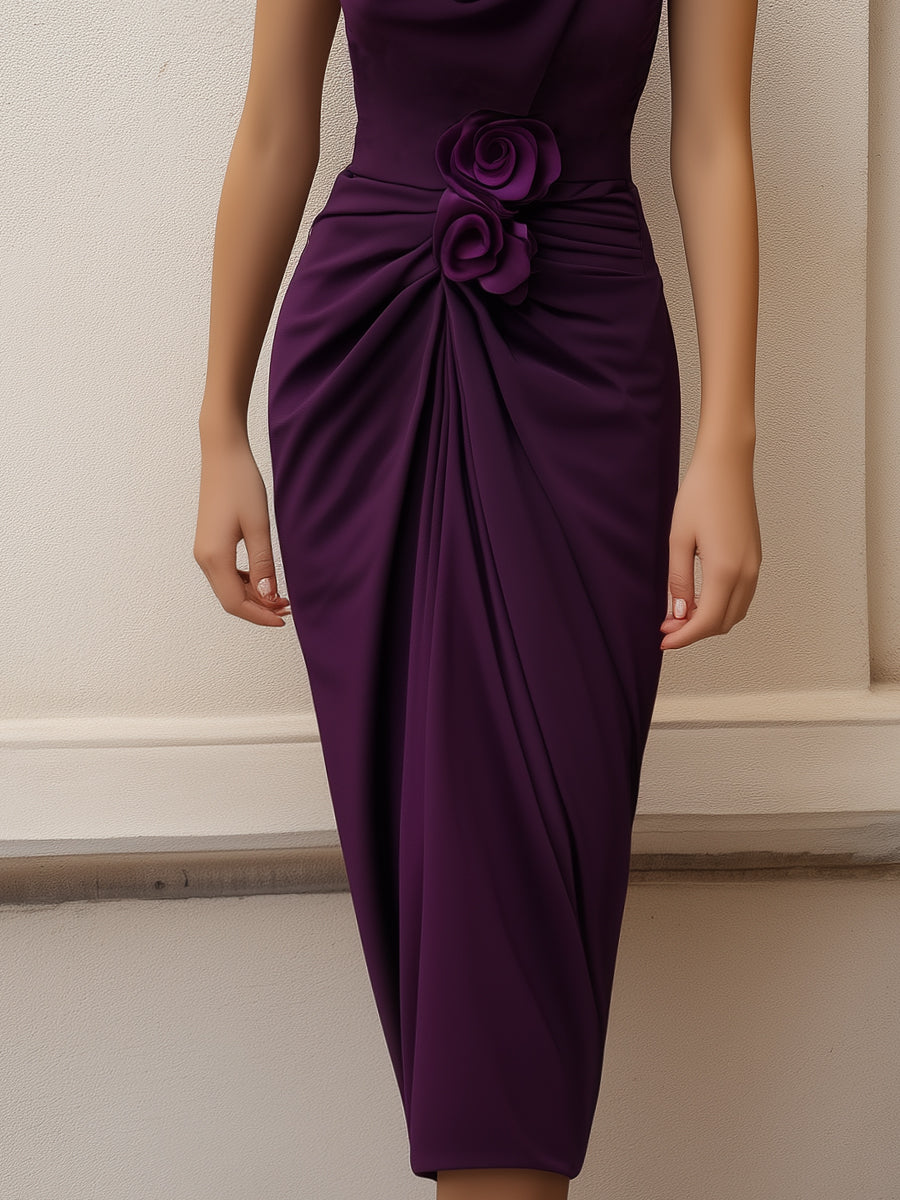 One-Shoulder Draped Floral Accent Midi Dress