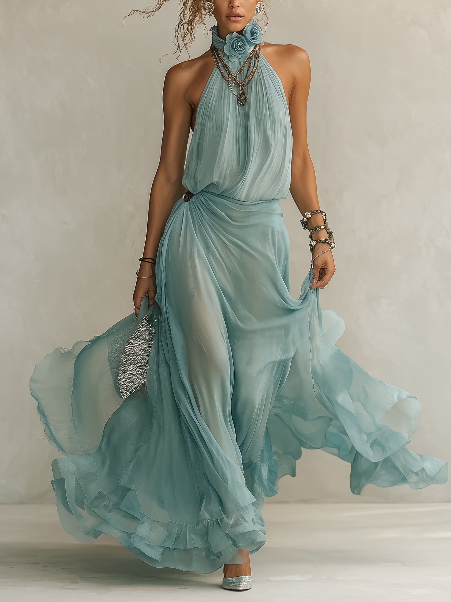 Blue Chiffon Sleeveless Maxi Dress With 3D Floral Accents
