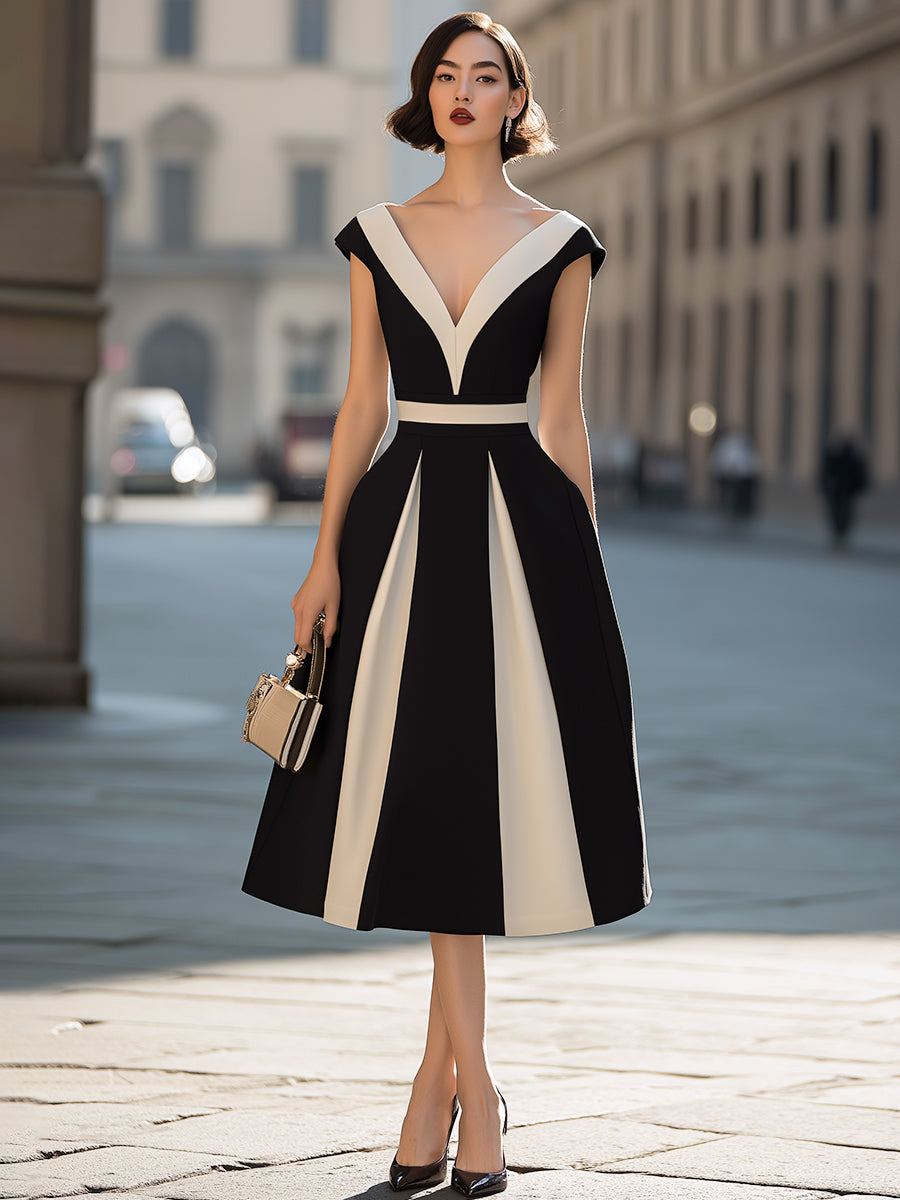 Contrast Panel V-Neck A-Line Midi Dress