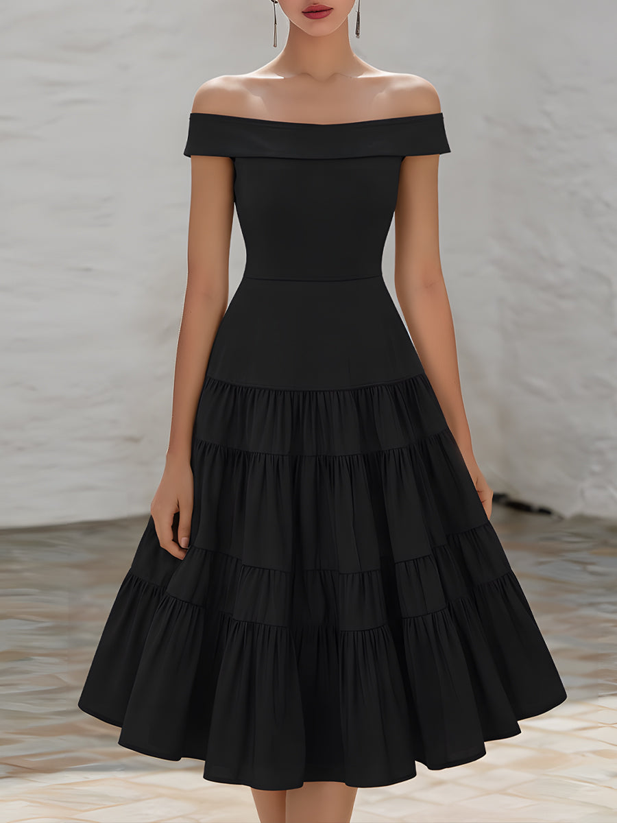 Off-Shoulder Tiered Ruffle A-Line Midi Dress