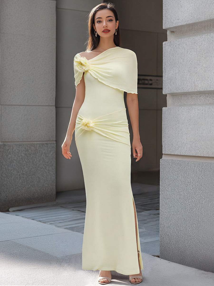 One-Shoulder Floral Draped Bodycon Maxi Dress