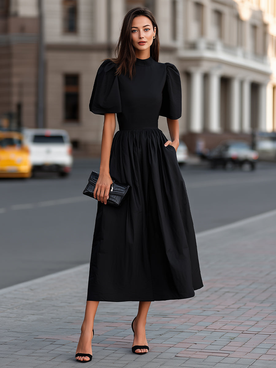 High Neck Puff Sleeve Gathered Waist Midi Dress