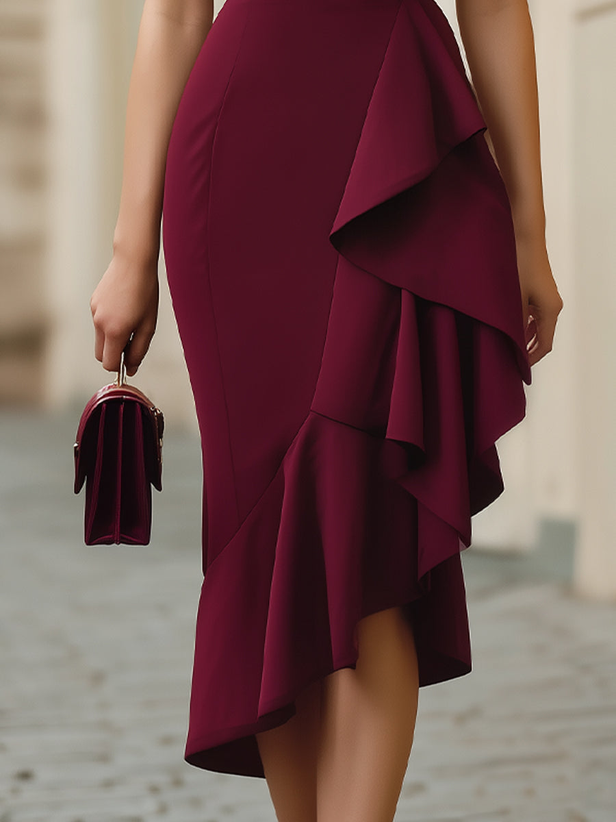 Burgundy Off-the-Shoulder Asymmetric Ruffle Bodycon Midi Dress
