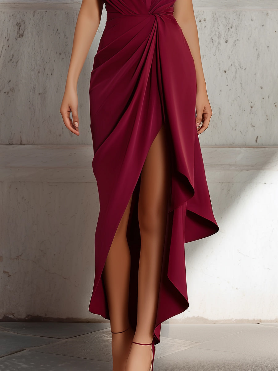 Draped Twist-Waist Asymmetric Hem Maxi Dress
