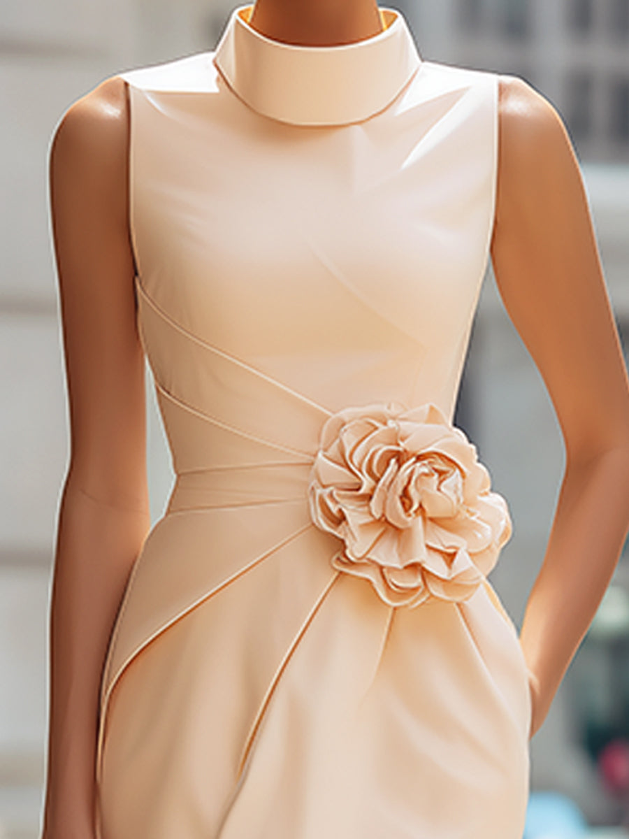 High-Neck Floral Waist Detail Sleeveless Draped Midi Dress