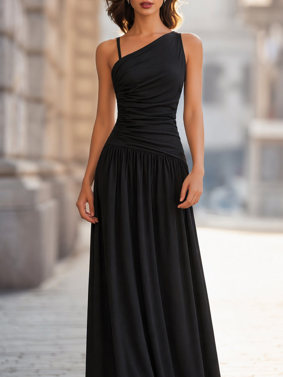 One-Shoulder Ruched Bodice Flowing Maxi Dress
