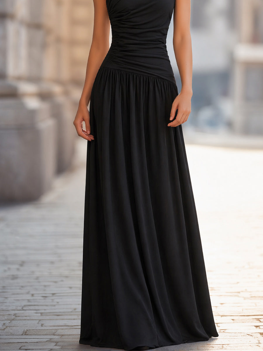 One-Shoulder Ruched Bodice Flowing Maxi Dress
