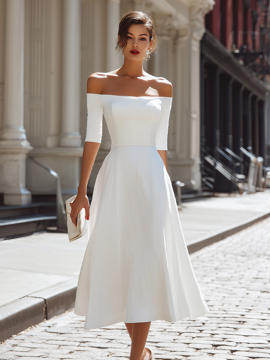 Off-Shoulder Fitted Bodice A-Line Midi Dress