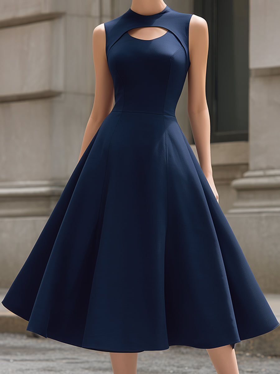 High Neck Cutout Sleeveless Structured A-Line Midi Dress