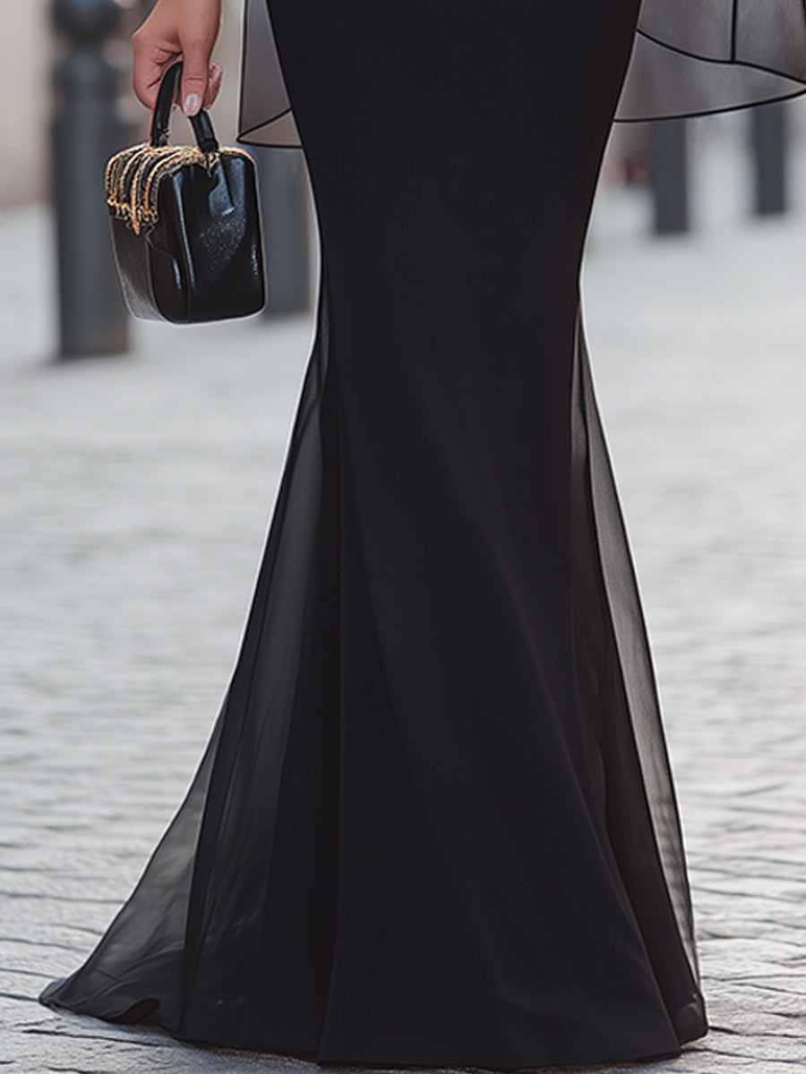 Sheer Cape Sleeve Fishtail Maxi Evening Dress