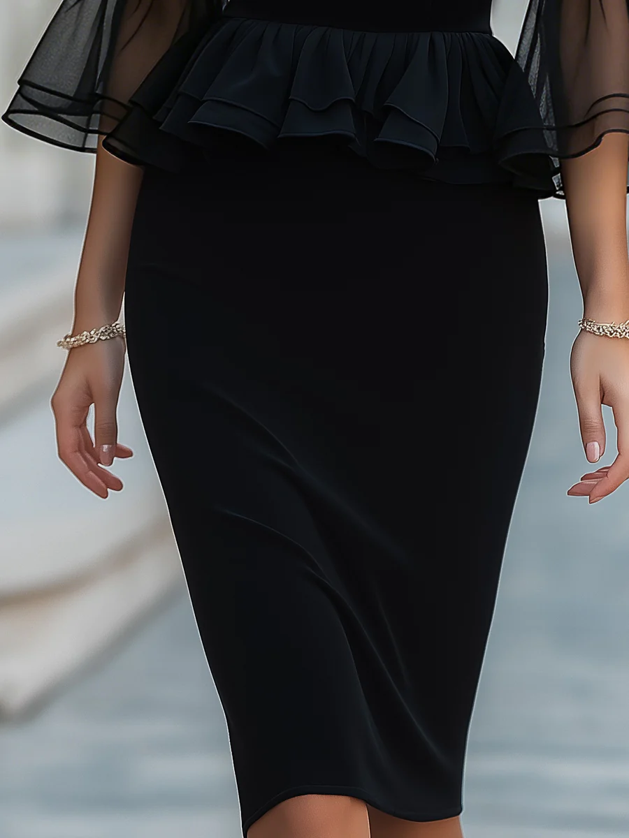 Bateau Neckline Sheer Bell Sleeve Peplum Midi Dress