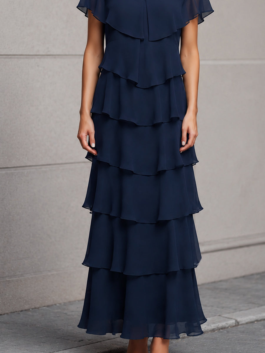 Elegant Flutter Sleeves Layered Chiffon Maxi Dress