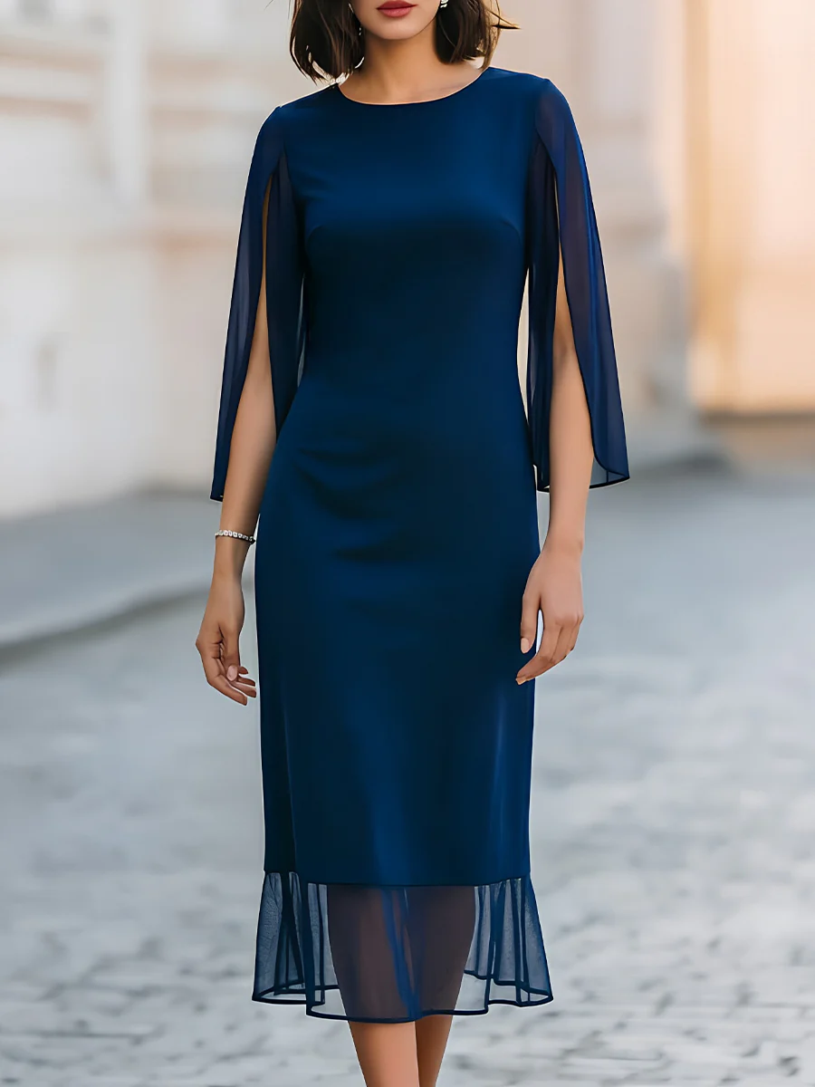 Navy Blue Chiffon Cape-Sleeve Sheath Midi Dress