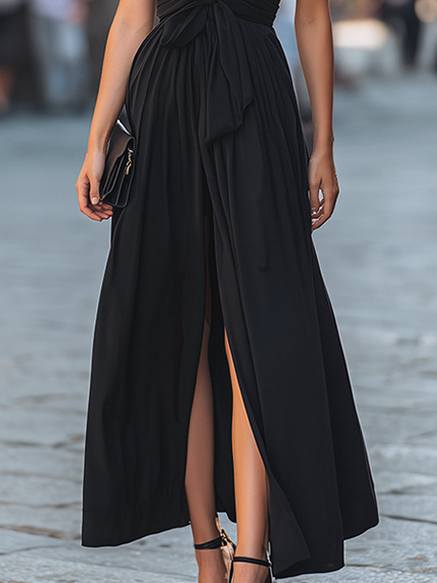 Deep V-Neck Tie-Front Flowing Maxi Dress