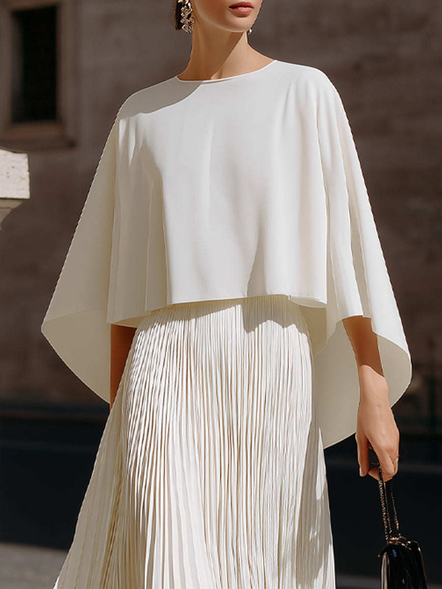 Flowing Cape Sleeve Pleated Maxi Dress