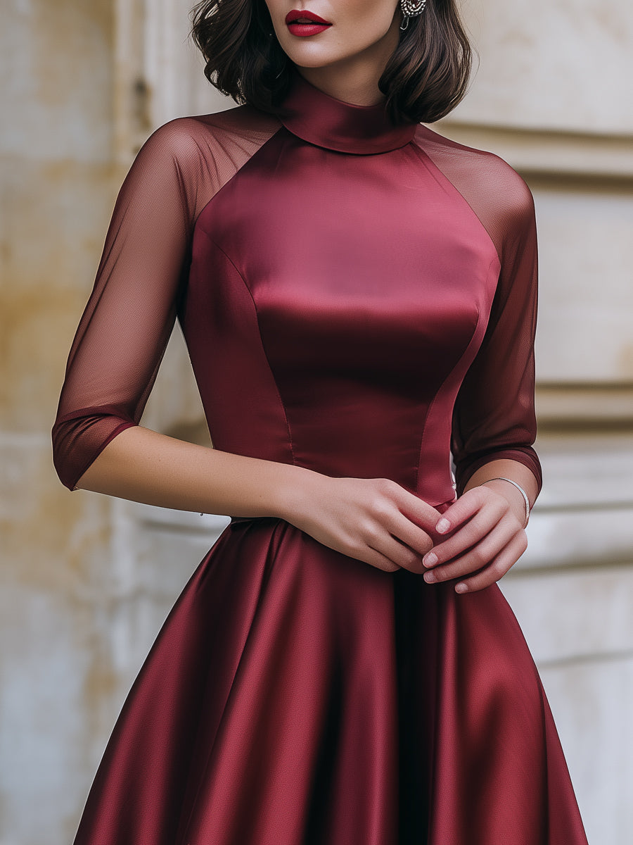 Sheer Mesh Sleeve Satin A-Line Cocktail Dress