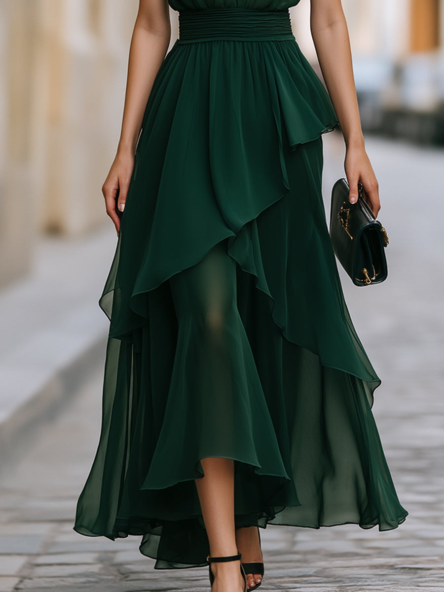 Elegant Halter Neck Layered Chiffon Maxi Dress