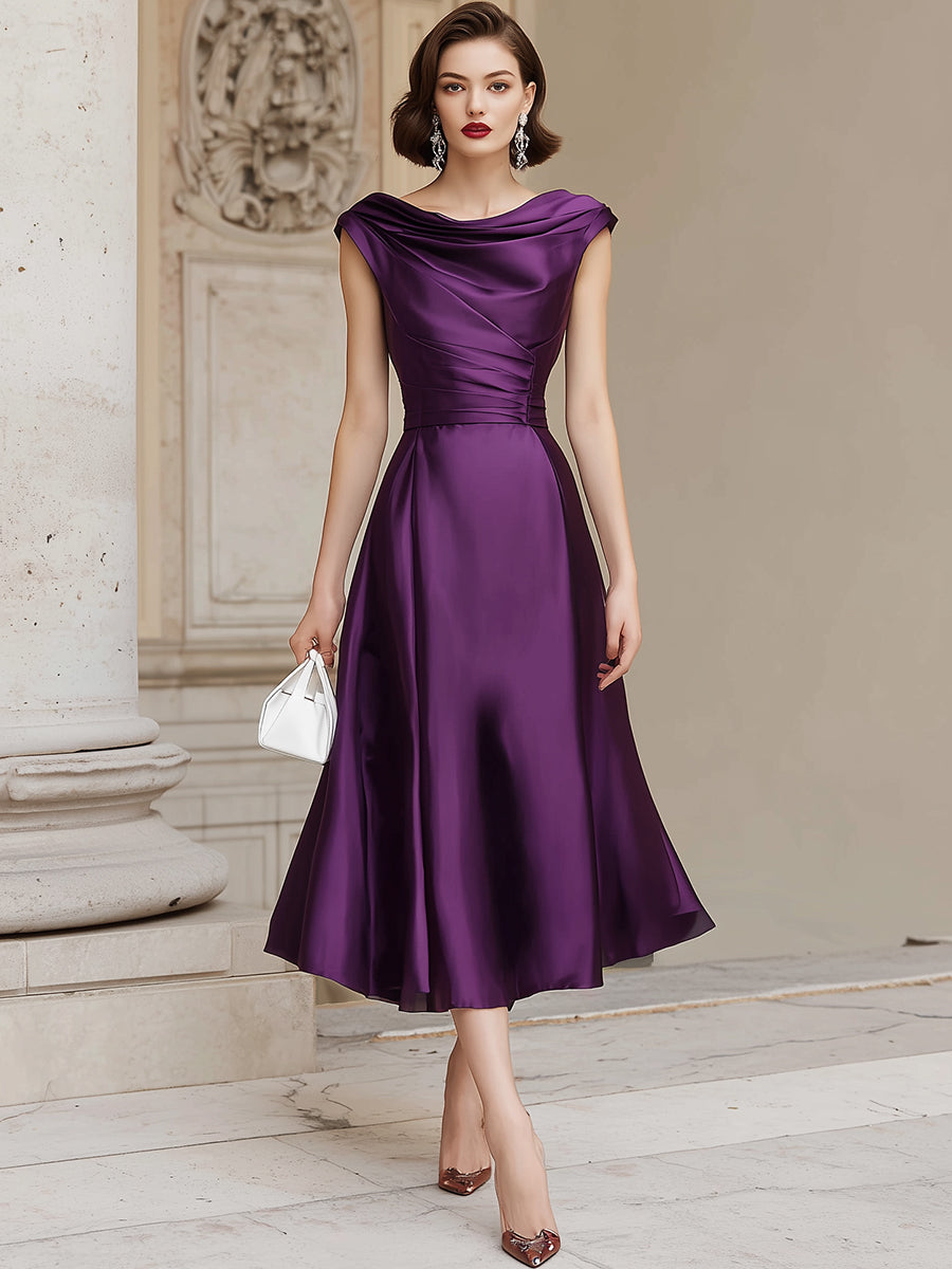 Folded Off-Shoulder Satin A-Line Midi Dress
