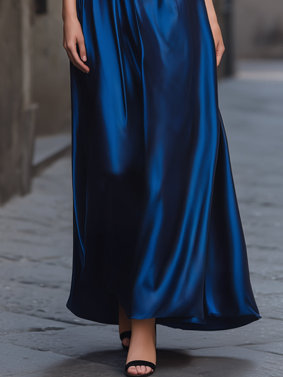 Off-Shoulder Satin A-Line Maxi Dress