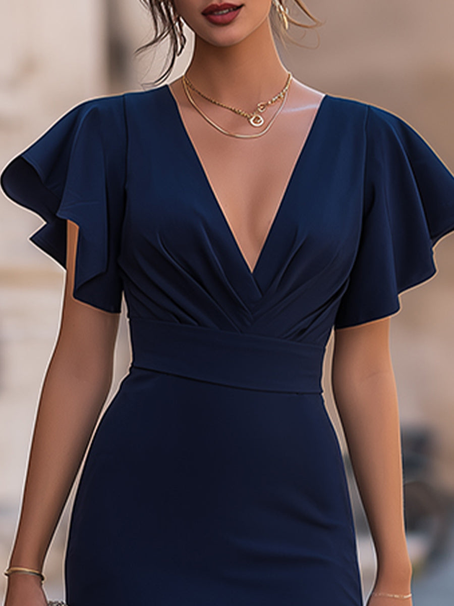 V-Neck Flutter Sleeve Pencil Midi Dress