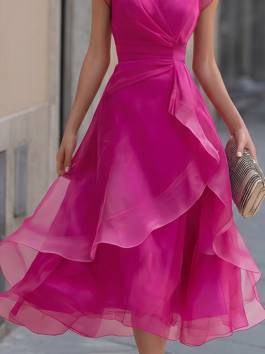 Layered Organza Cap Sleeve A-Line Midi Dress
