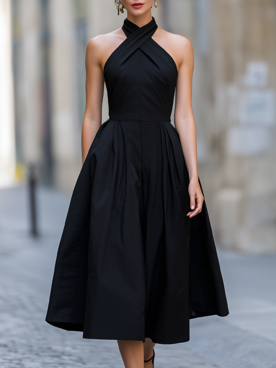 Cross Halter Full Skirt Midi Dress