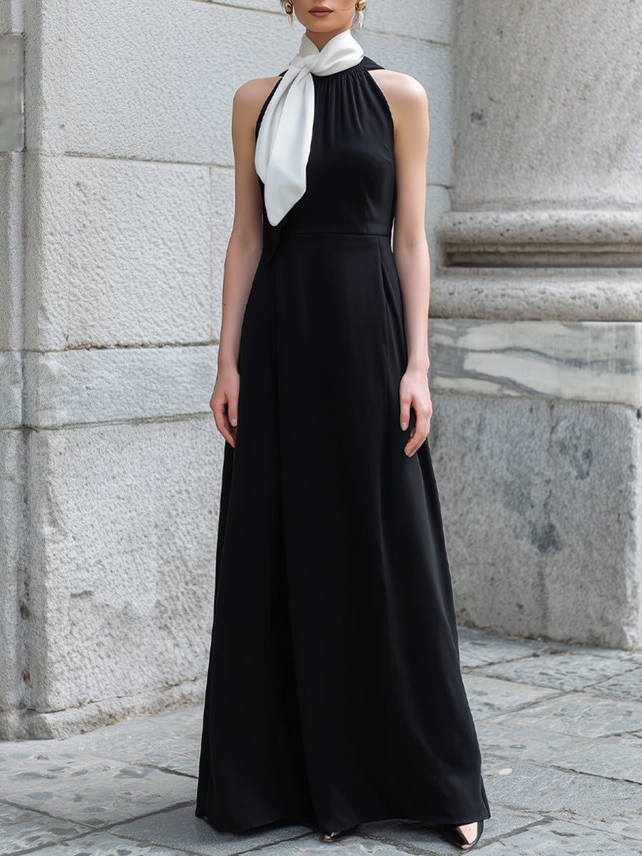 Contrast Tie Neck Halter Maxi Dress