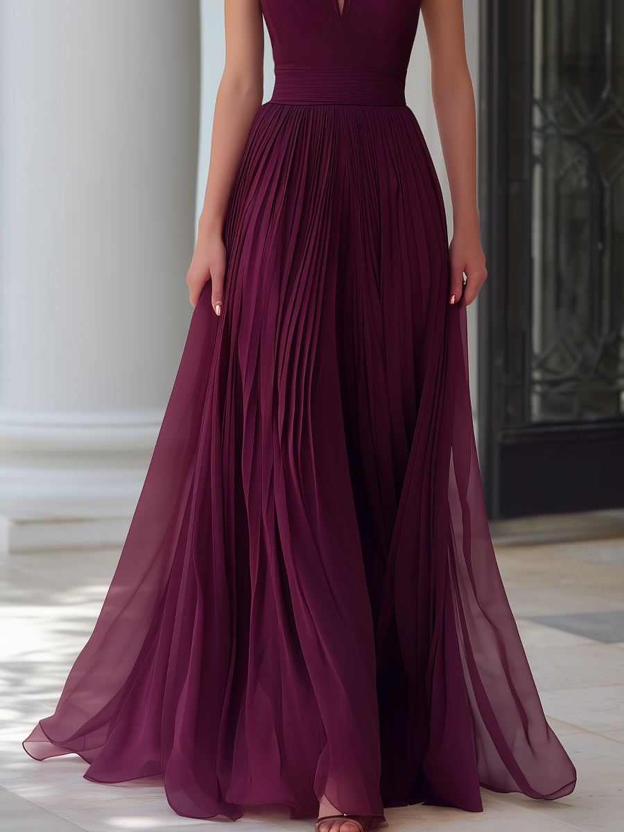 Illusion Neck Pleated Chiffon Maxi Dress