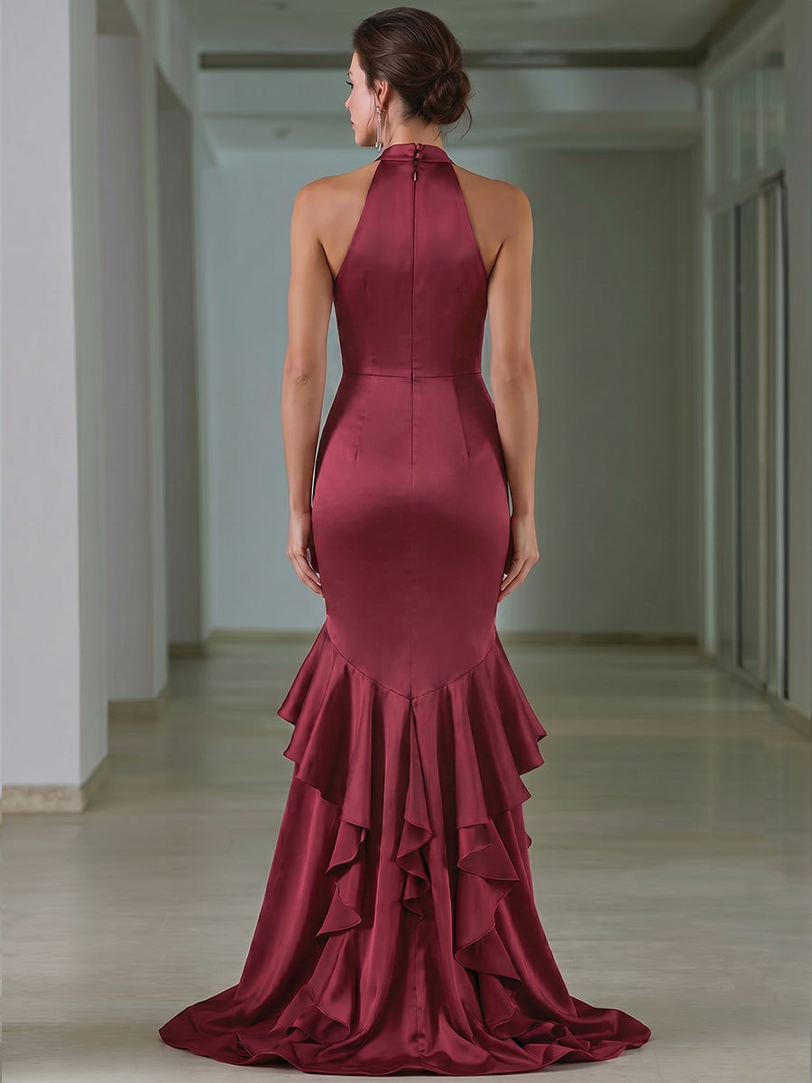 Floral Appliqué Halter Satin Ruffle Mermaid Gown