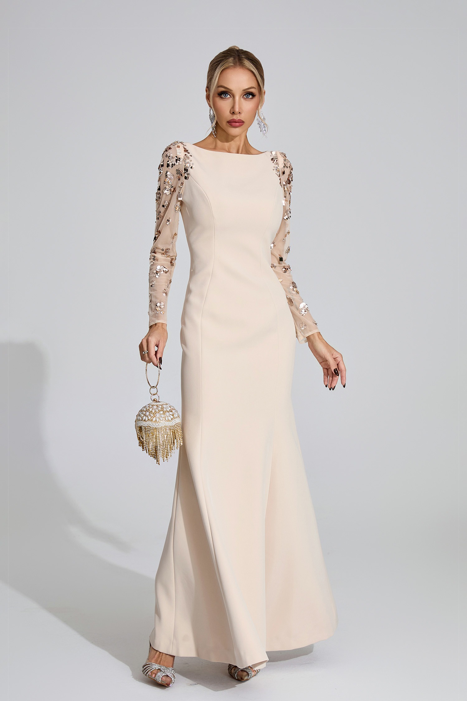 Apricot Mermaid Maxi Dress with Sequin Sleeves
