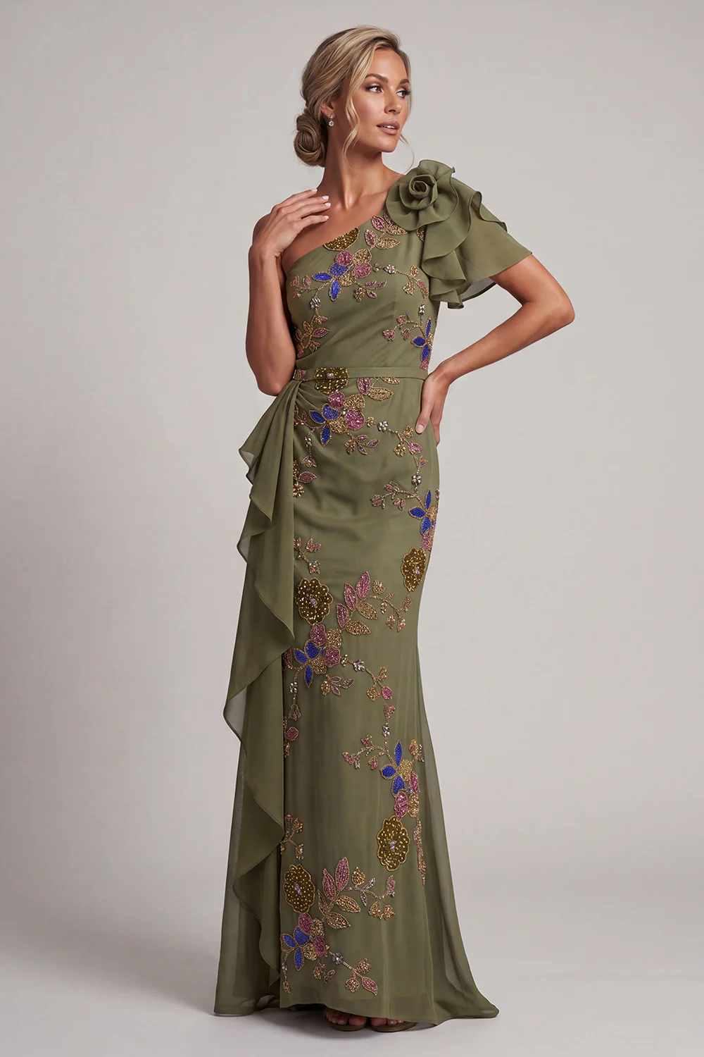 Mermaid Beaded Olive Long Floral  with Ruffles Maxi Dress