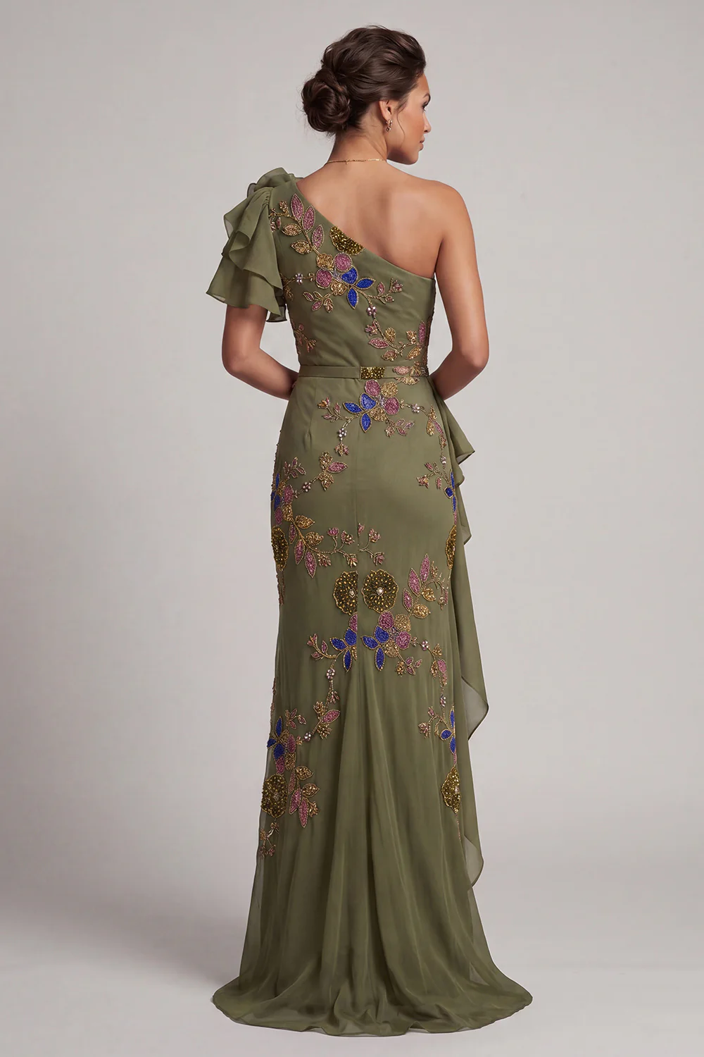 Mermaid Beaded Olive Long Floral  with Ruffles Maxi Dress