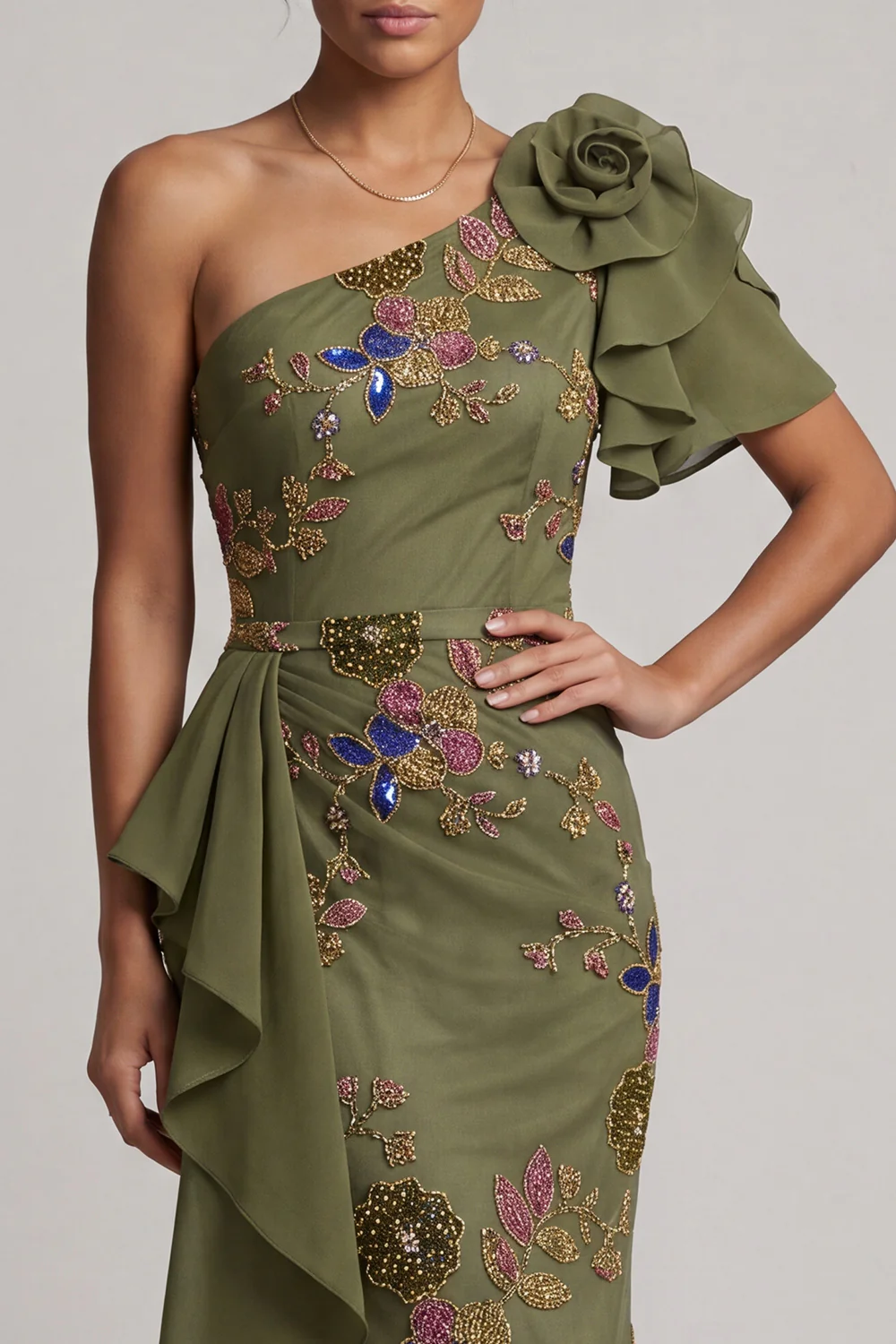 Mermaid Beaded Olive Long Floral  with Ruffles Maxi Dress