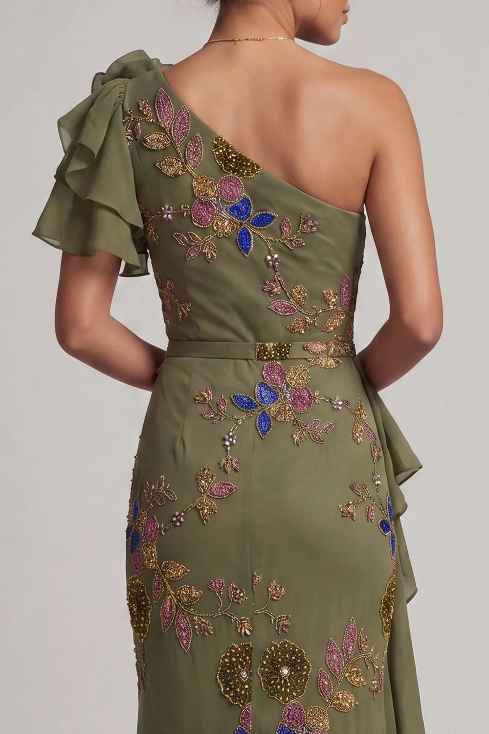 Mermaid Beaded Olive Long Floral  with Ruffles Maxi Dress