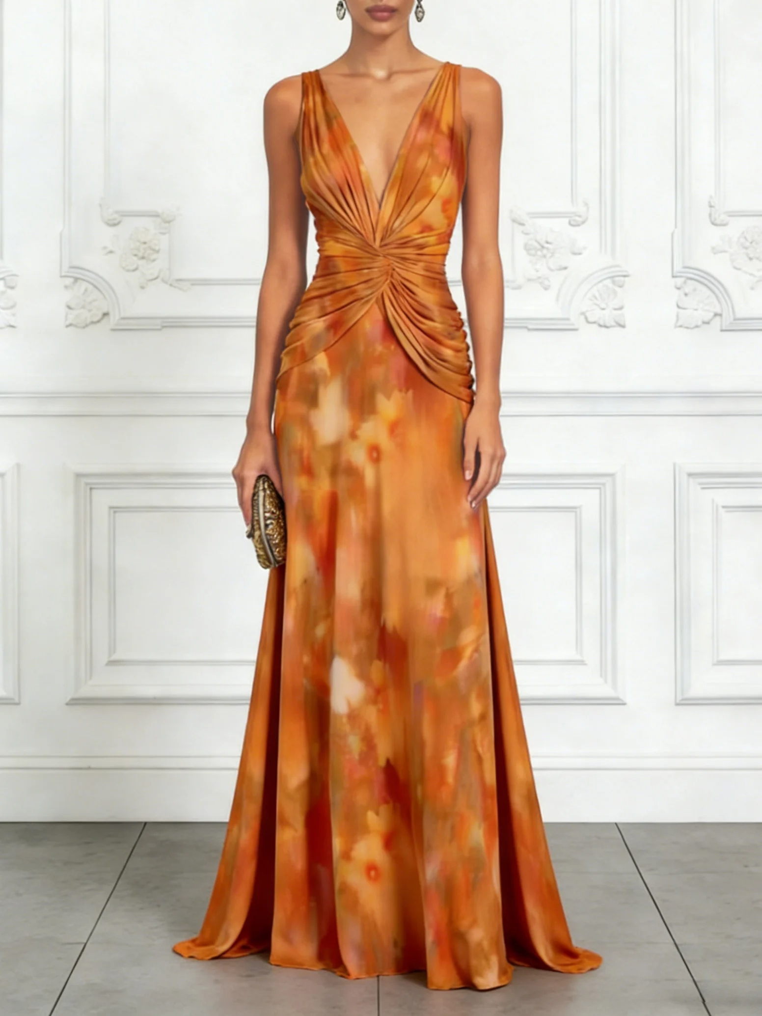 Orange Floral Chiffon V Neck Sleeveless A-Line Maxi Dress