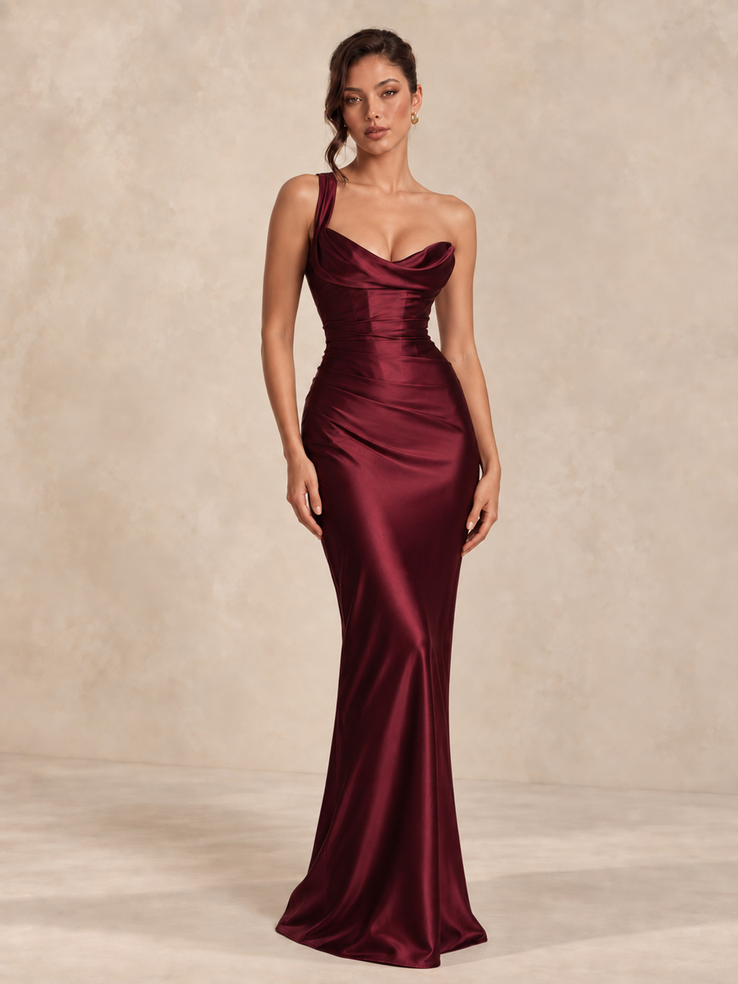 One Shoulder Satin Corset Maxi Dress