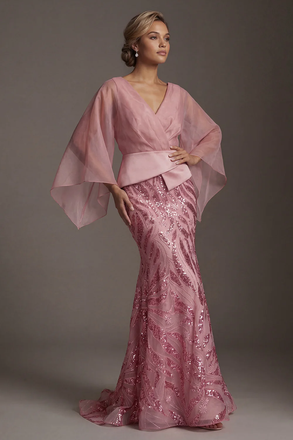 Flare Sleeves Long Sparkly Pink Mermaid Sequin Maxi Dress