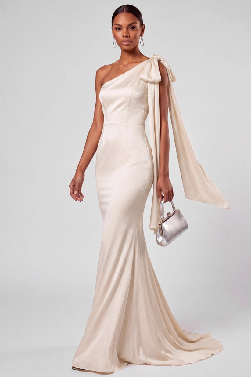 Champagne One Shoulder Mermaid with Sash Maxi Dress