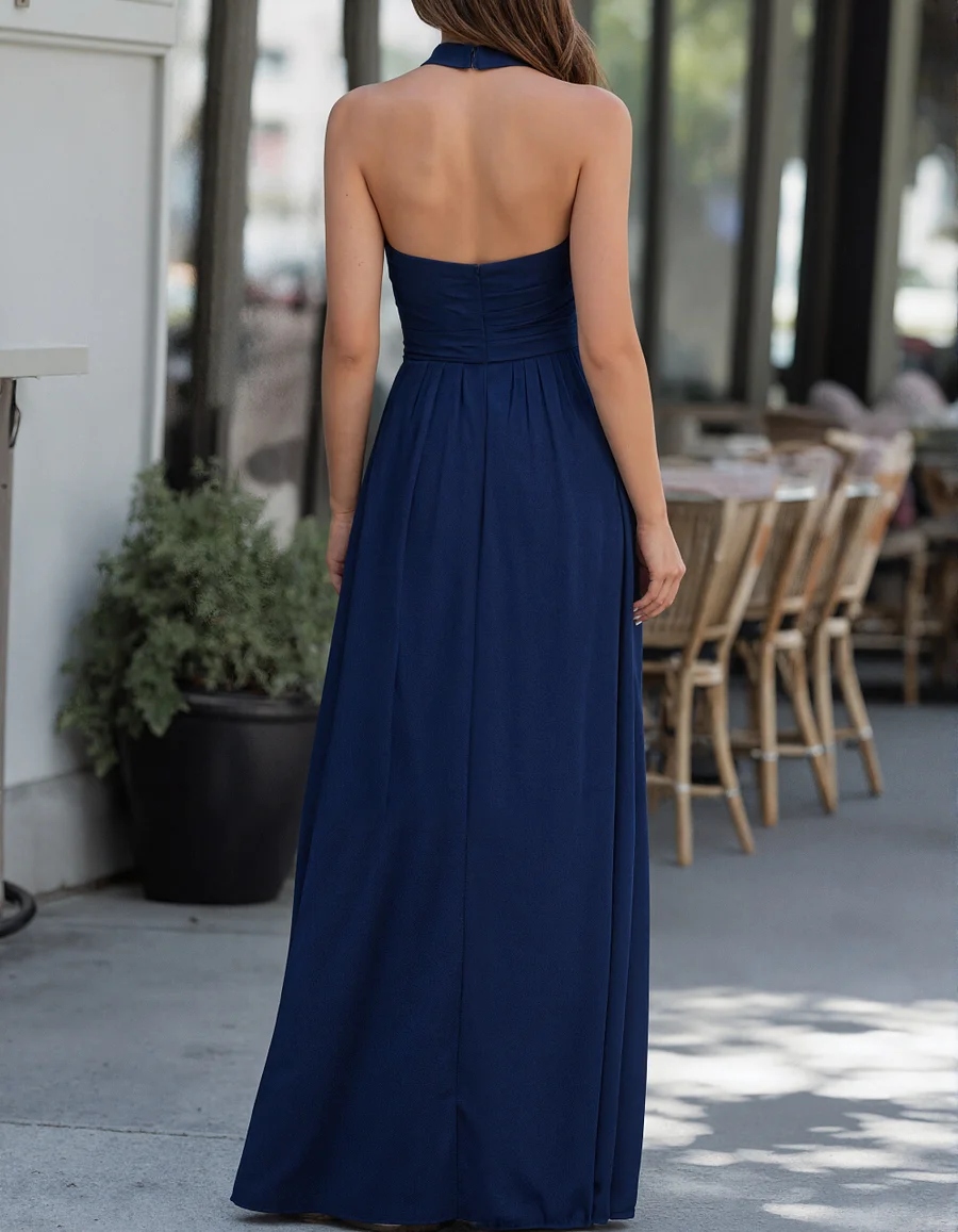 Navy Blue A-Line Chiffon Halter Neck Maxi Dress