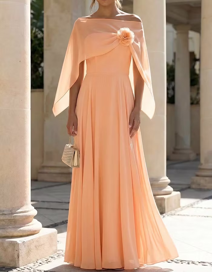 Blush Pink Off-Shoulder Capelet Chiffon Maxi Dress