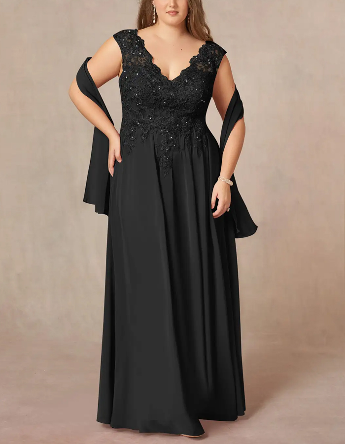 Black Sequined Chiffon A-Line V-Neck Maxi Dress
